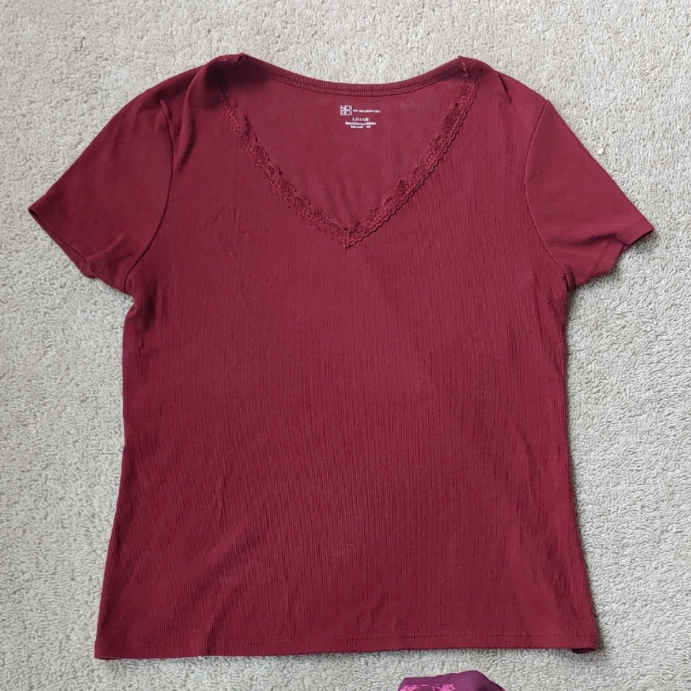 No Boundaries Burgundy Lace Trim V-Neck Tee